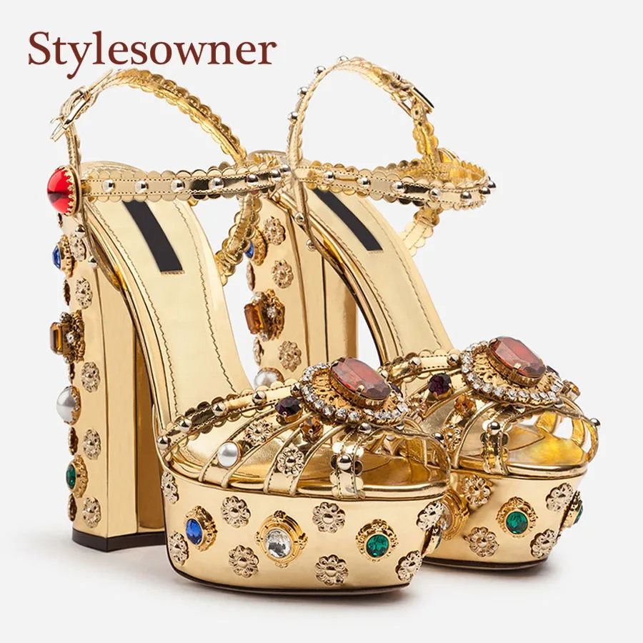 Stylesowner/ г. Сандалии из золотистой кожи с металлическим покрытием сандалии на высоком каблуке, украшенные стразами, с пряжкой женская обувь высокого качества в стиле ретро
