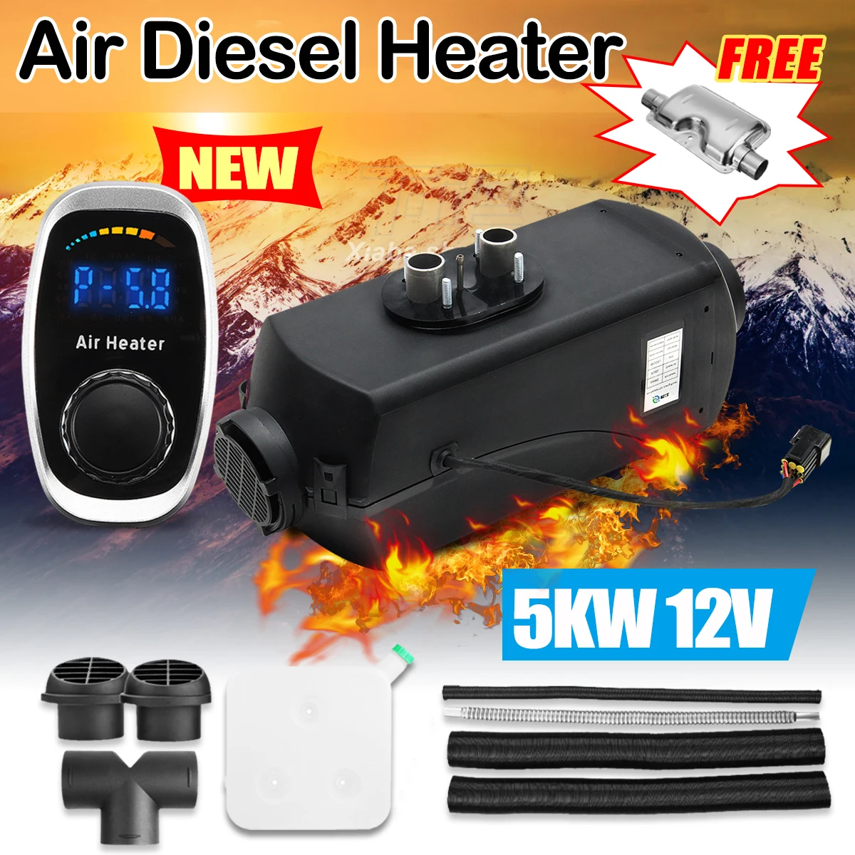 

HCalory 12V 5kw Diesels Air Parking Heater Air Heating LCD Screen Digital knob Switch with Silencer For Trucks Bus Car Trailer