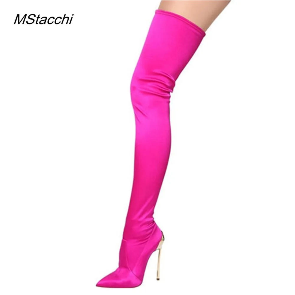 Ceny MStacchi Design Sexy kobiety moda Pointed Toe elastyczne metalowe szpilki buty za kolano udo długie buty na wysokim obcasie Party Shoe
