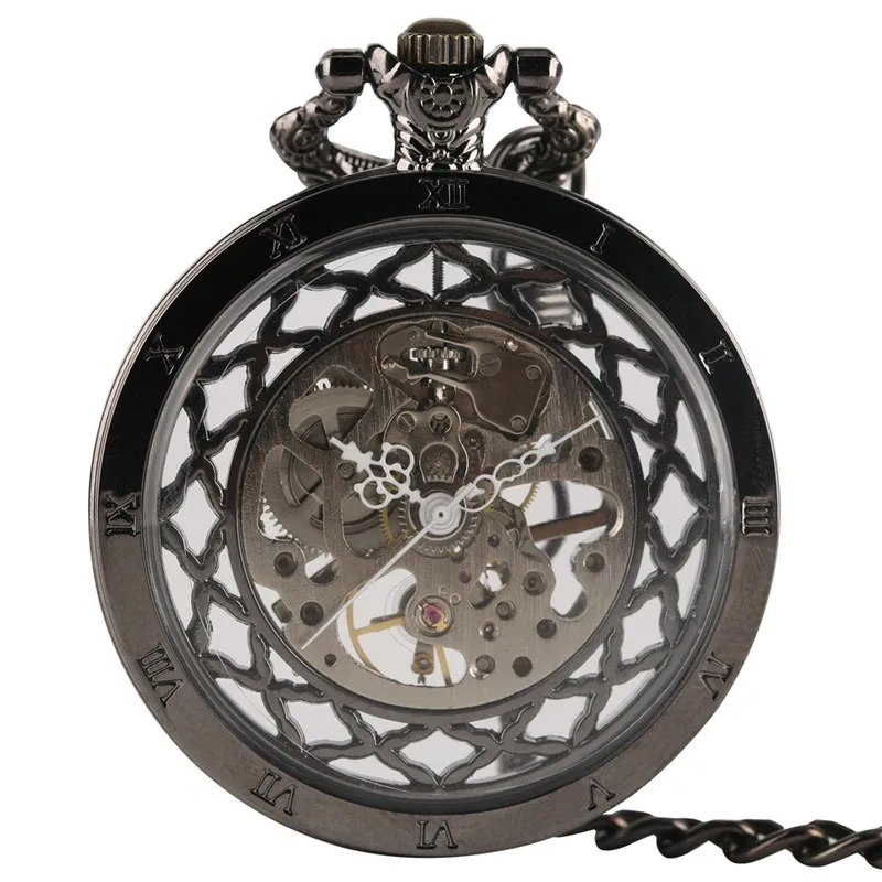 Ретро Черные полые прозрачные дизайнерские Механические карманные часы в стиле панк Модные мужские и женские винтажные часы подарки - Цвет: Черный