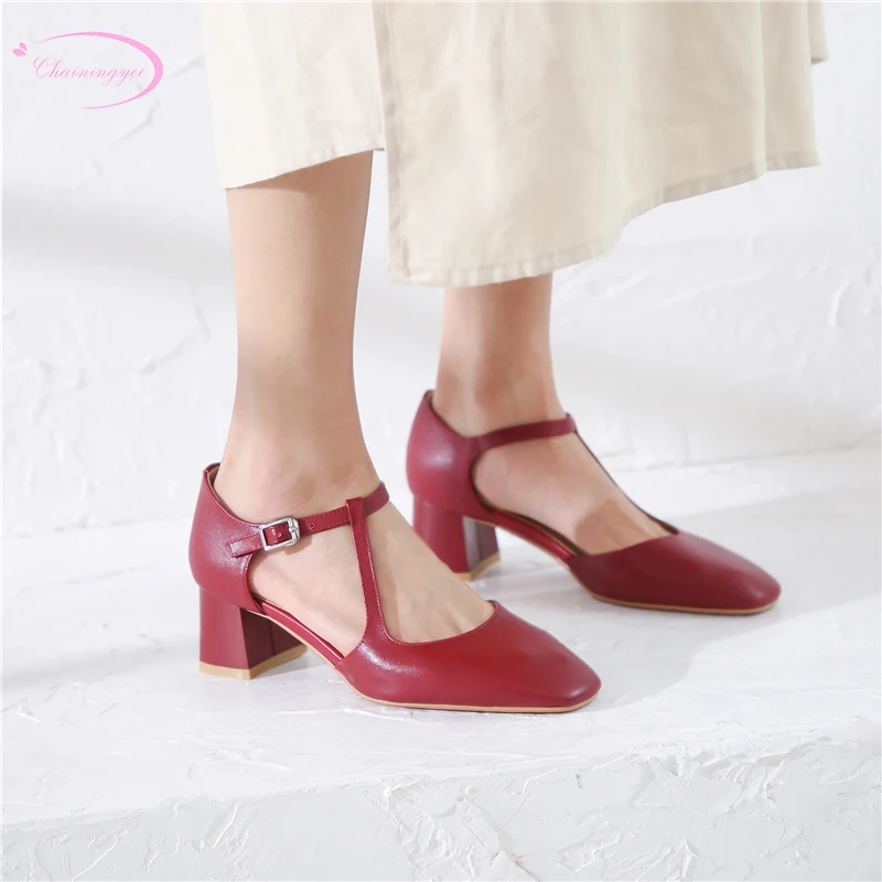 

Korea casual style natural leather square toe summer sandals belt buckle cowhide beige red gray medium with women's shoes