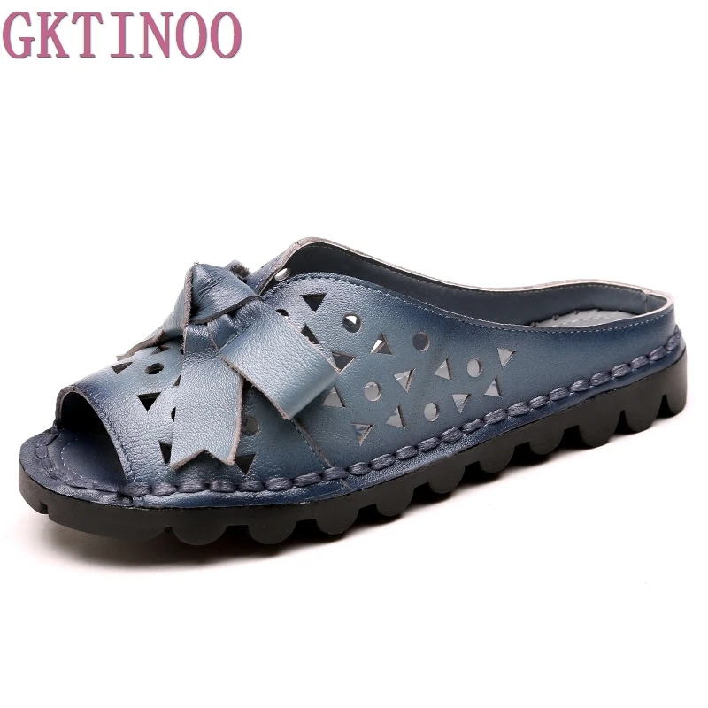 

2018 Summer Women Shoes Flat Slides Cut Out Sandals Genuine Leather Handmade bowknot Peep Toes Comfotable Women Slides