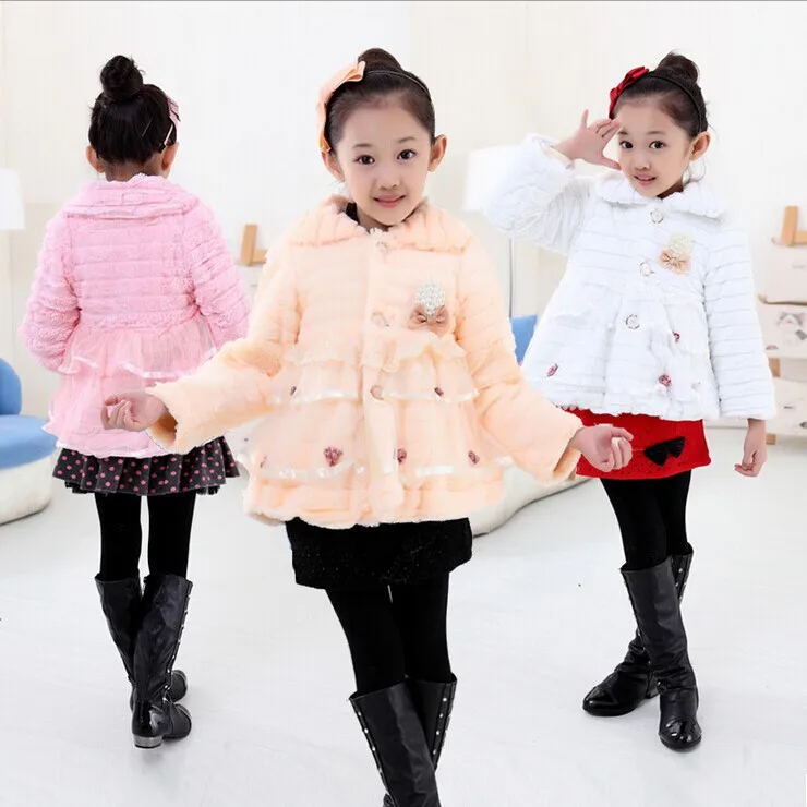 

Baby Girls Fur Coat Clothing With Pearl Lace Flower Autumn Winter Wear Clothes Children Faux Fur Dress Dresses outerwear Jacket