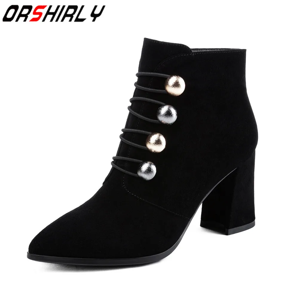 

Orshirly 2019 women fashion ankle boots genuine leather zip pointed toe riding equestrian short plush handmade shoes size 34-40