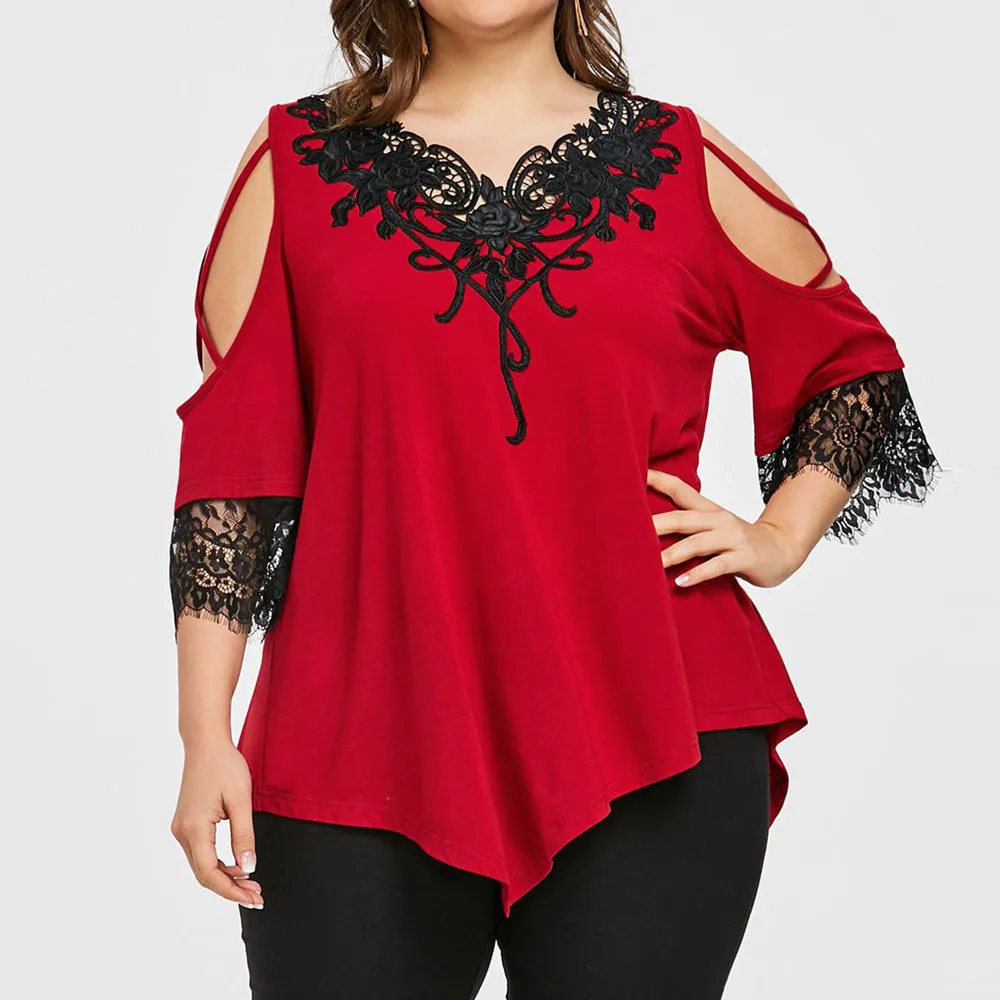 

2019 new hot big size lace off-the-shoulder sexy spring and summer women's fashion sexy blouses short-sleeved V-neck shirt