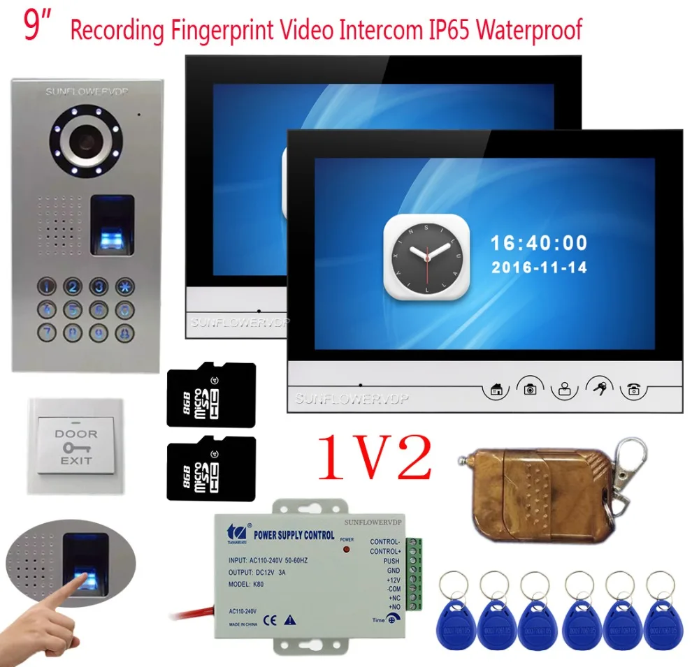 1v2 видео запись видео дверной звонок 9 "цветной монитор видео интеркомы отпечатков пальцев/Rfid/клавиатура дверной телефон система + пульт
