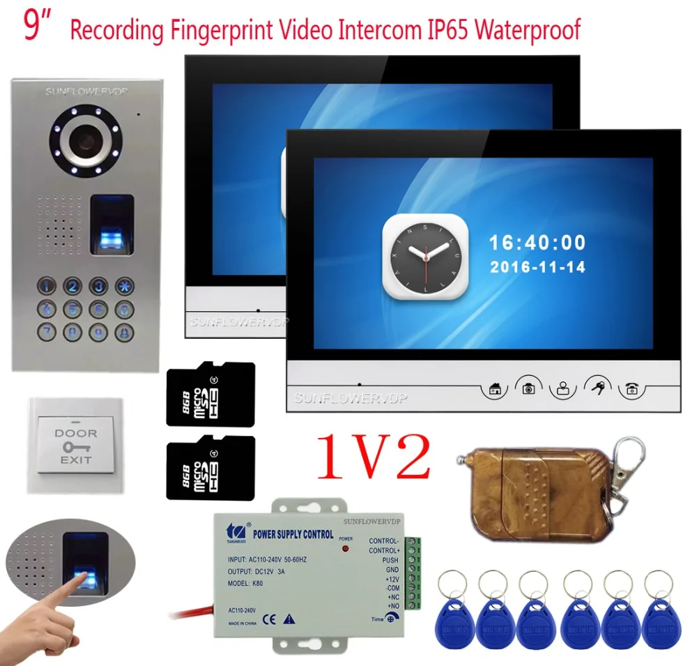 

1v2 Video Recording Video Doorbell 9" Color Monitor Video Intercoms Fingerprint/Rfid/Keypad Door Phone System+Remote Control