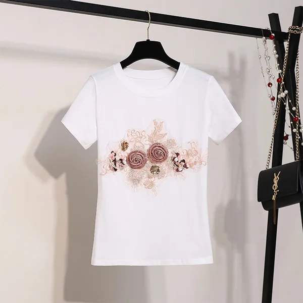 Женская Милая футболка с цветочной вышивкой, круглый вырез, короткий рукав, цветочный принт, расшитый блестками, белый, черный, розовый цвета, футболки, лето, брендовые футболки - Цвет: Белый