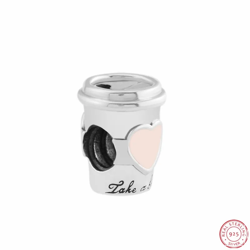 

NEW!!! Soft Pink Enamel Classic LOGO Drink To-Go Charm Beads for Women Jewelry DIY Fit PANDORA Charms Silver 925 Original FL767