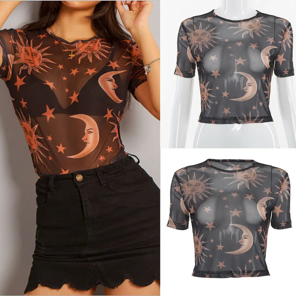 

Women Fashion Moon Print T-Shirt Sheer Mesh See Through Party Ladies Summer Crop Tops