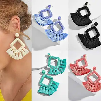 

Dvacaman Ethnic Fringes Tassel Pendant Drop Earrings Geometric Square Beads Dangle Earrings Bohemian Jewelry Party Accessories
