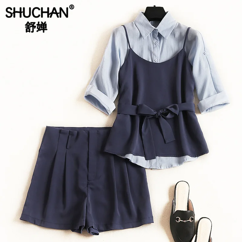 

Shuchan 3 Piece Set Women Blouse with Half Sleeve+vest+shorts Summer Suit Female suit and set women 2019 11891