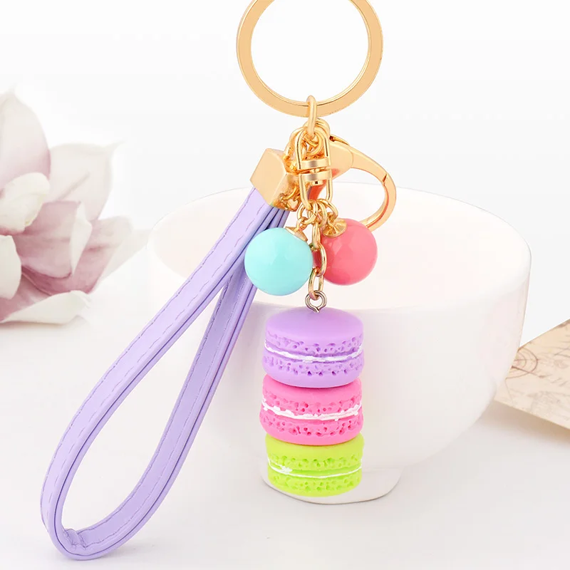 

5 Colors Cute Colorful Macaroon Keychains Bag Charm 2017 Fashion Resin Macarons Keychain Gold Met Keyring Car Pendant Key Holder