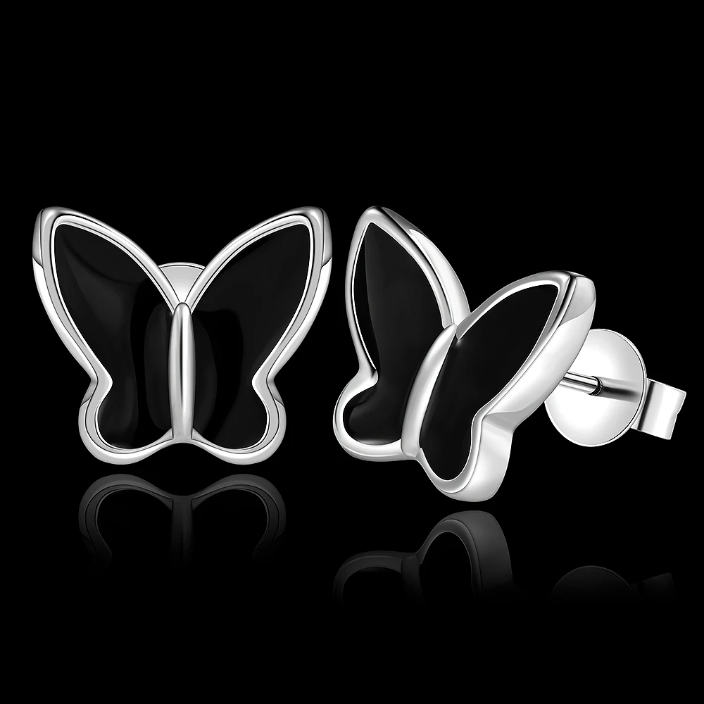 CHUKUI Minimalist Ladies Stud Earrings Gifts For Women Silver Plated Black Enamel Butterfly Earrings Fashion Jewelry Brincos (5)