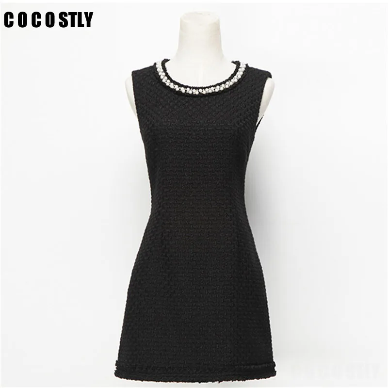 

Brand Clothing Retro Beading Pearls Tweed Short Dress 2018 Winter Dress Women Sweet O-Neck Preppy Style Vest Office Dress