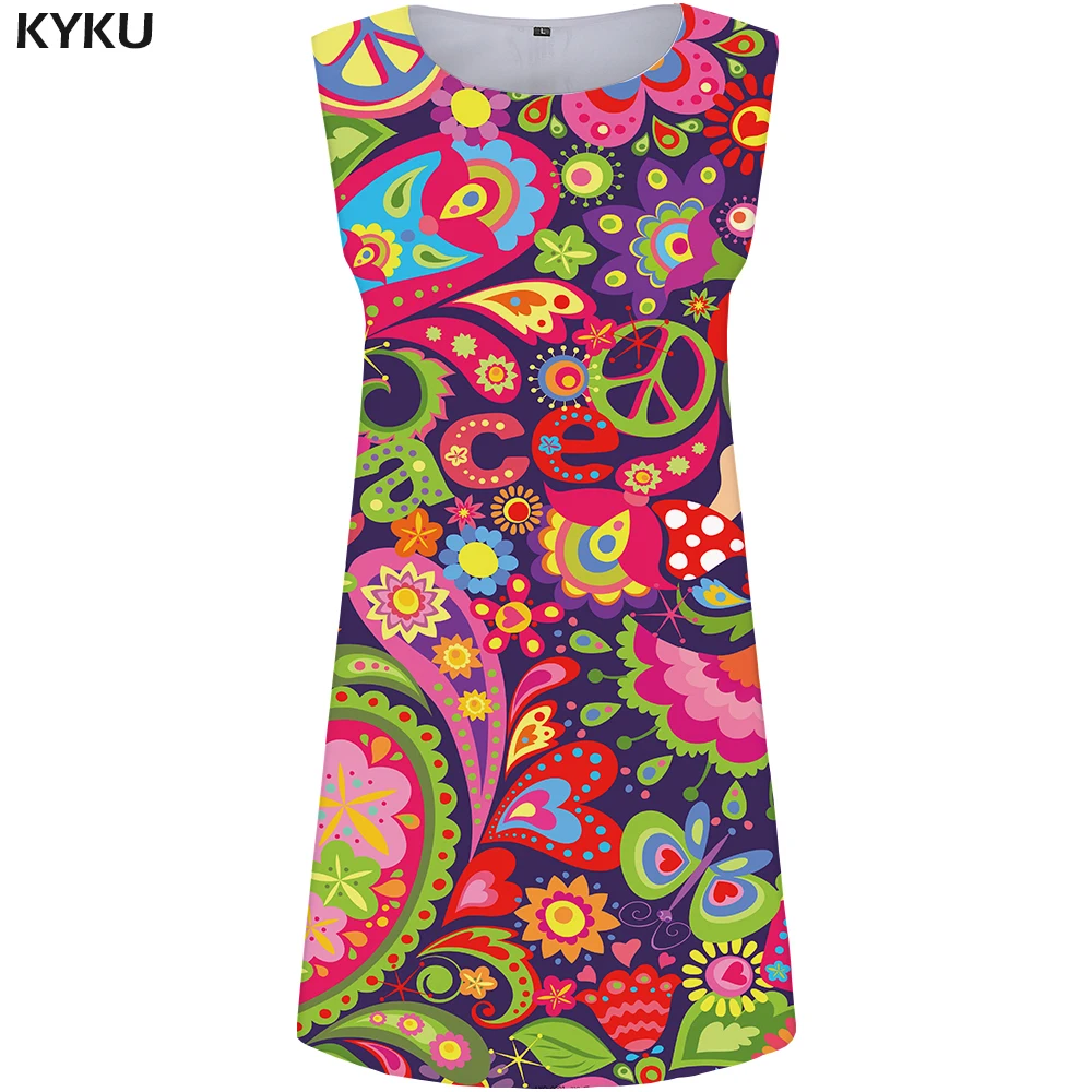 

KYKU Brand Graphics Dress Women Peace Sundress Colorful Korean Style Flower Party Cartoon Vestido Sexy Boho Womens Clothing