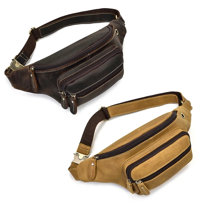 

NoEnName_Null High Quality Layer Cowhide Leather Durable Men Military Tactical Fanny Waist Pack Belt Hip Bum Running Bag Pouch