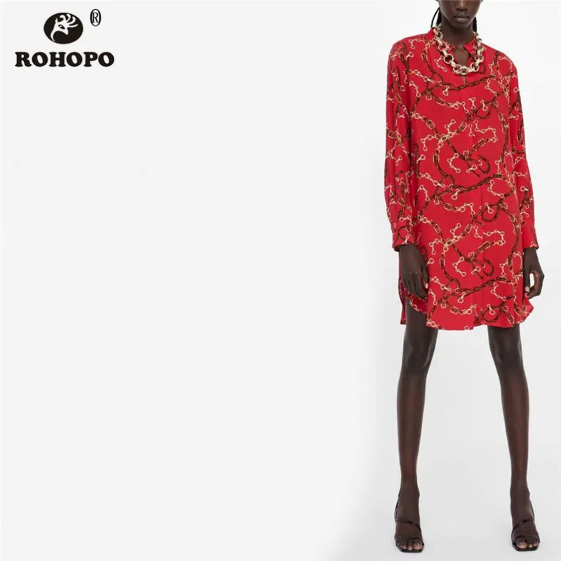

ROHOPO Autumn Female Straight Dress Long Sleeve Red Retro Chain Printed Mini Round Edge Loose Vestido #HJ1670