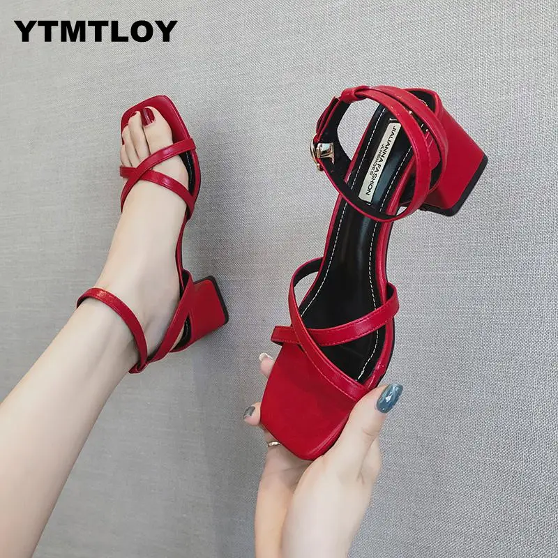 Summer 2019 HOT New High Heels Women's Shoes With Open Toe Suede Sexy Word Buckle Women Sandals Rome Gladiator Red yellow