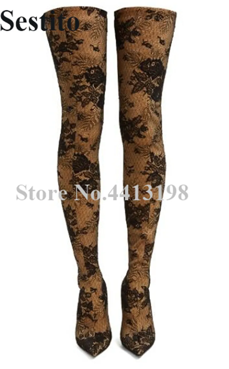 

Fashion Flower pattern Stretch Fabric Thigh High Boots Pointed Toe Over-the-Knee Boots Slip-on Long Boots Casual Women Shoes