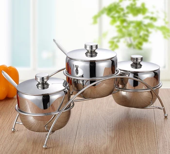 

Sugar Bowl with Lid and Spoon Stainless Steel Condiment Server Three A Set Tea Coffee Sugar Storage Jars Fashion Seasoning Pot