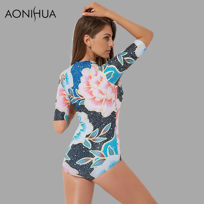 AONIHUA طباعة الأزهار بدلة سباحة من قطعة واحدة النساء تصميم الأوسط الأكمام ملابس السباحة الجبهة سستة تصفح لباس سباحة 1983