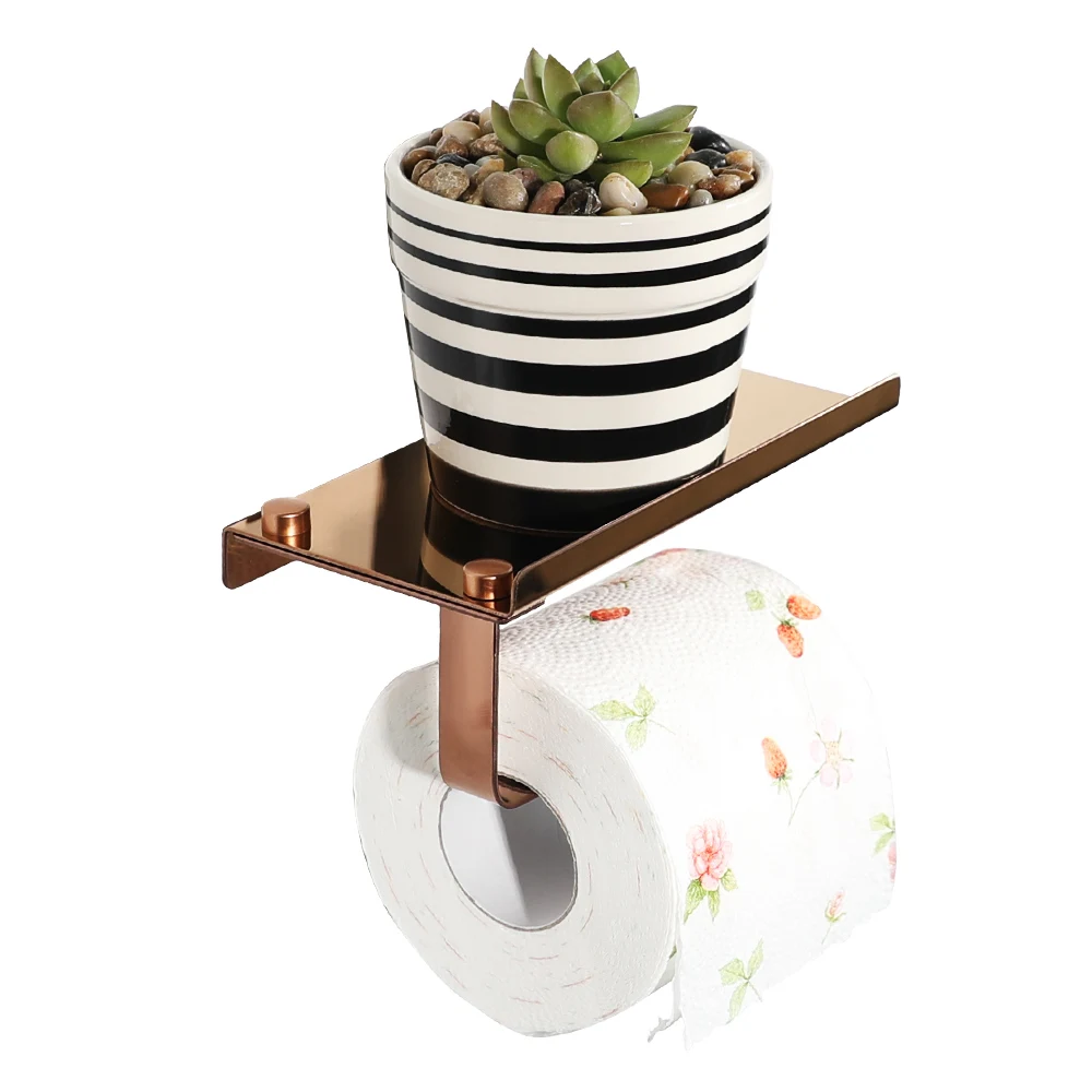 Practical Toilet Paper Holder with Shelf Rose Gold Multi-purpose Stainless Steel