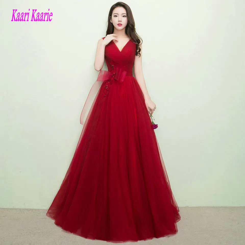 

Elegant Burgundy Prom Dresses Long 2019 Red Prom Dress V-Neck Tulle Bow Floor Length Women Formal Party Gown Evening Real Photos