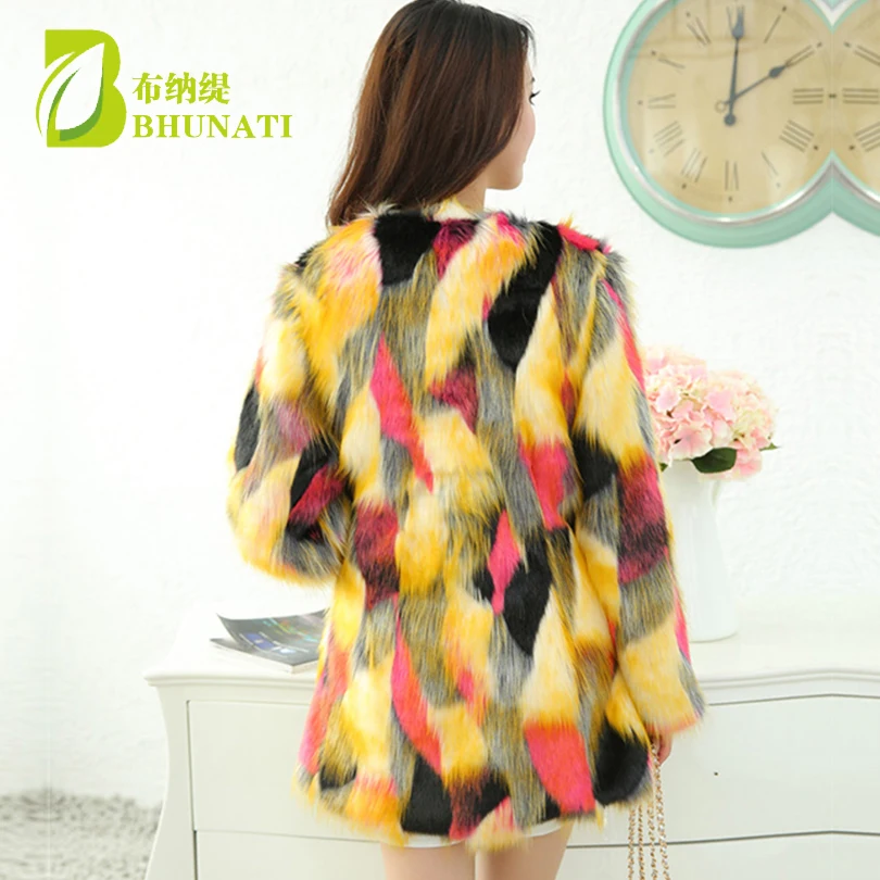 BHUNATI Multicolor Long Faux Fur Coat Women Burning Thermal Artificial Fur Coats Long Sleeve Colorful Thick Overcoat BCD1507061