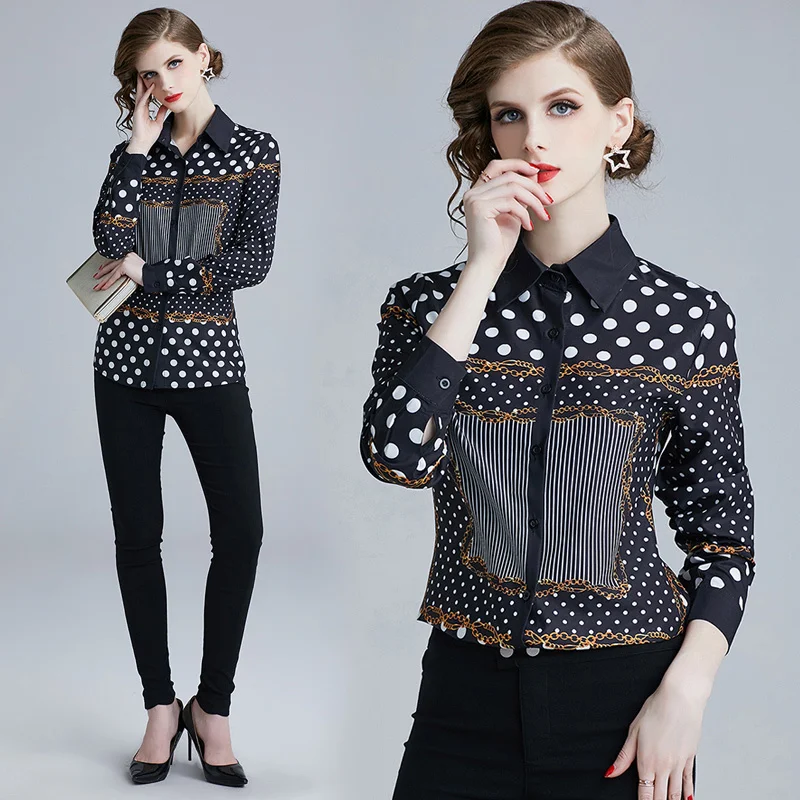 

2019 Spring Summer Fall Runway Polka Dot Print Collar Long Sleeve OL Turn-Down Neck Womens Party Casual OL Top Shirts Blouse