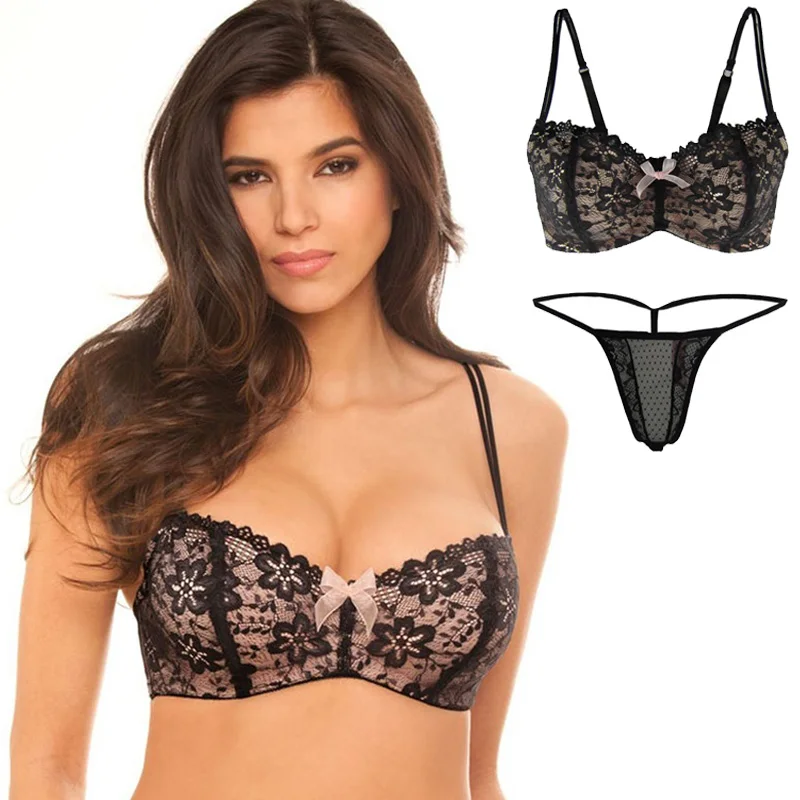 

MiaoErSiDai Floral Lace Bra Set For Women Pink Bow Brassiere Plus Size Bralette And Thong 30-40 A-G Cup #7613