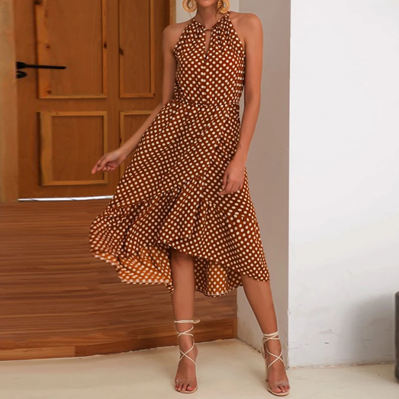 

2019 Summer Holiday Beach Halter Neck Strappy Strapless Sexy Irregular Sundress Polka Dot Sleeveless Ruffle Maxi Women Dress