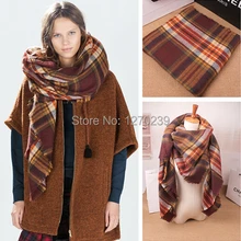WJ38 New Arrival 2014 Brand Tartan Scarf Poncho Scarves Women Men Winter Warm Orange Plaid Blanket Square Scarf Free Shipping