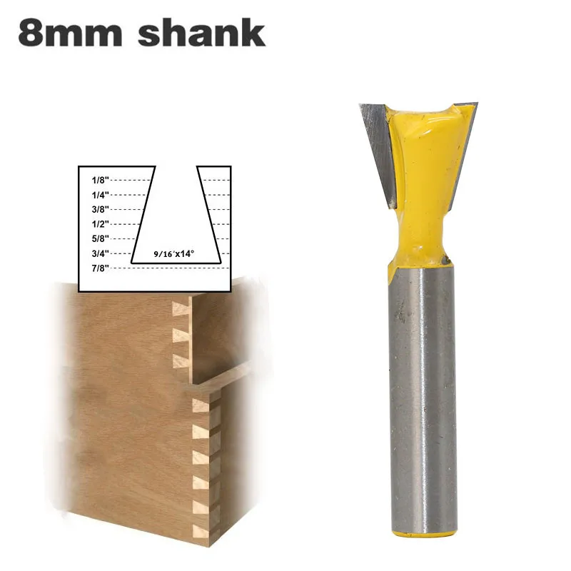 

1pc 8mm Shank 14 Degree Dovetail Milling Cutters 9/16" Joint Wood Router Bit Tungsten 2 Flute Cutters Woodworking Tools