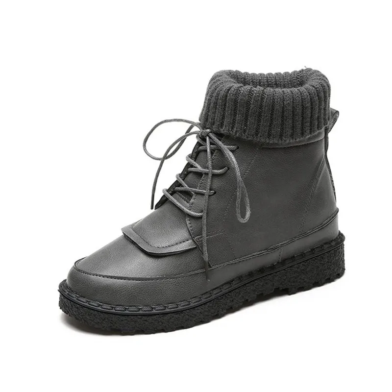 COOTELILI Women Boots Ankle Boots 2018 Winter Shoes Lace-Up Knitted Flat Shoes Rubber Boots Women Leather Shoes 3cm Heel  (8)