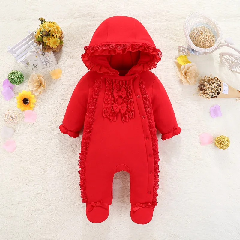 Кружевная Одежда для новорожденных девочек; Новинка г.; зимние детские комбинезоны с капюшоном; теплая одежда из плотного хлопка; комбинезон для детей; Детский костюм - Цвет: red