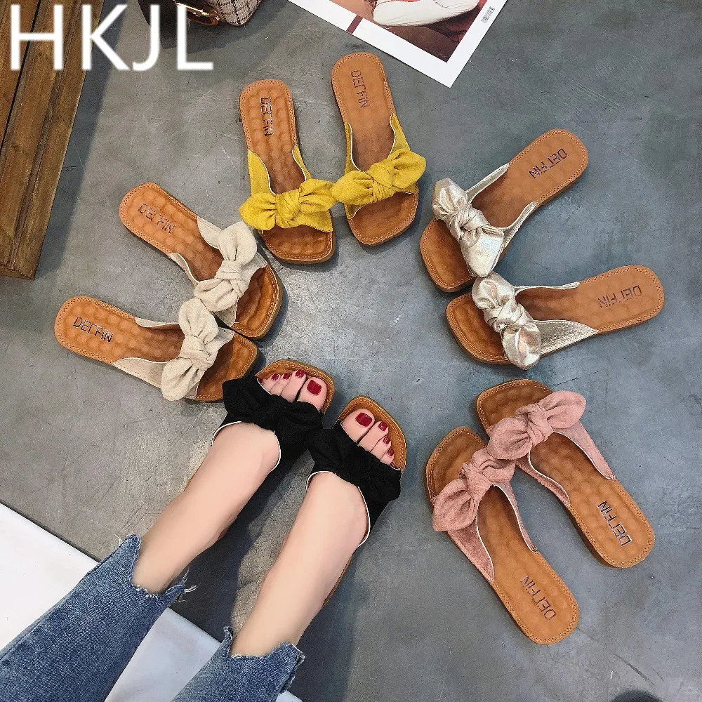 

HKJL Slippers summer fashion frosted bowknot outside wear soft bottom cool slippers square head word beach slippers A104