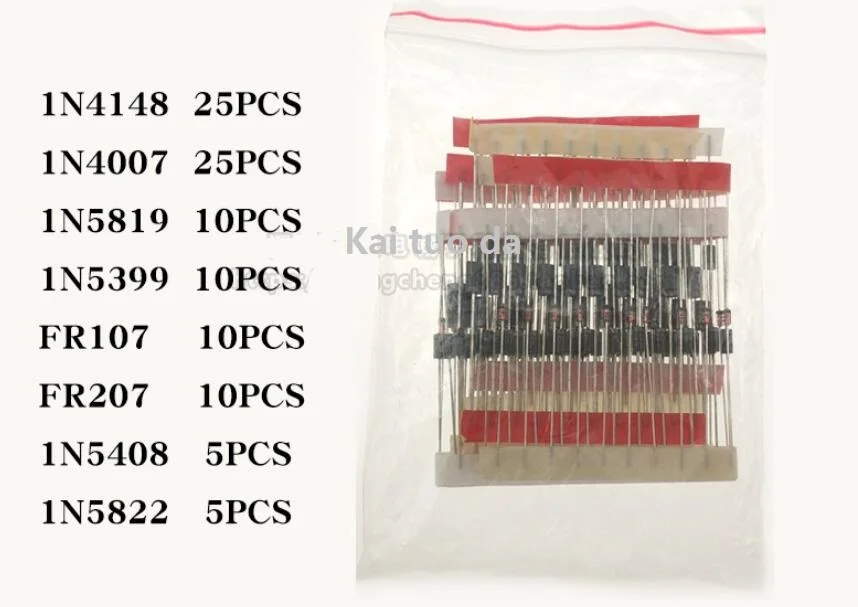 

Diode Kit FR107 FR207 1N4148 1N4007 1N5819 1N5399 1N5408 1N5822 8values=100pcs, Assorted Kit set Electronic Components Package