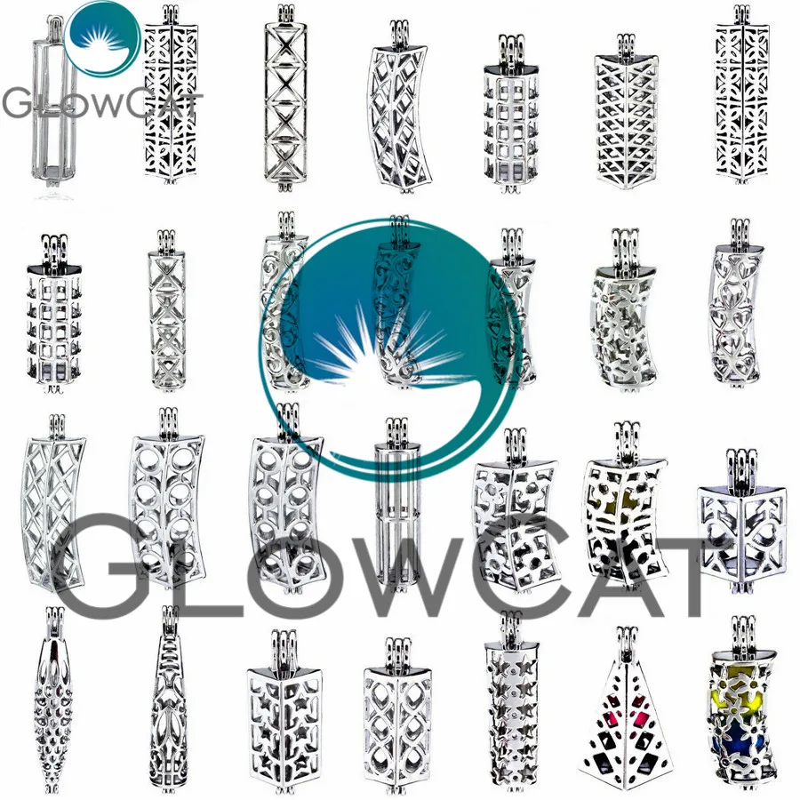

Mixed 24 Styles Oyster Pearl Cage Aroma Essential Oil Diffuser Cuboid Cylinder Locket for DIY Pendant Necklace Jewelry Making
