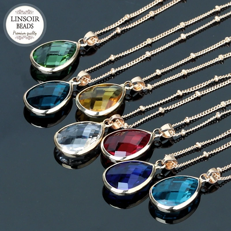 

1pc/lot Colorful Glass Pendant Waterdrop Drop Natural Stone Teardrop Gold Satellite Chain Crystal Bezel Faceted Stone Necklace