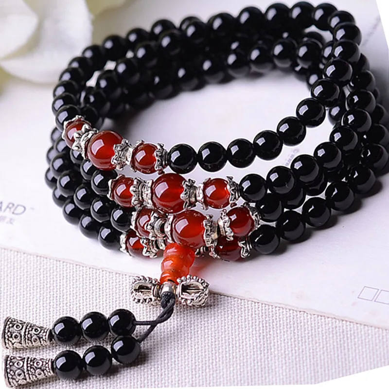 Natural Onyx Bracelet Black Buddha Onyx Stone 108 Bracelet Women Handmade Accessories,Tiger Eye multi-turn Bracelet For Women
