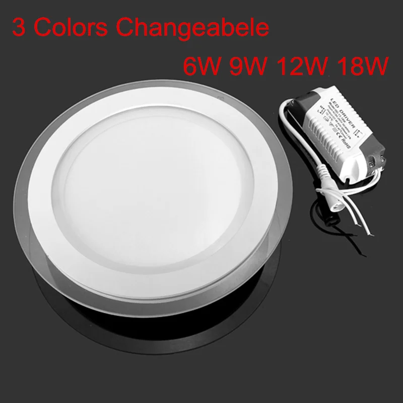3 Colors Changeable Round Glass Panel Downlight 6W 9W 12W 18W Ceiling