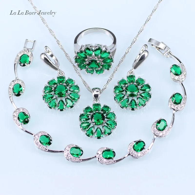 L&B Russian Fashion Green Created Emerald Jewelry Sets For Women Silver