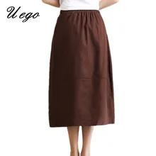 Uego Новое поступление Высокая Талия сезон: весна–лето хлопчато-льняные юбки с эластичной резинкой на талии, Винтаж с юбкой-бутоном Для женщин Повседневная юбка средней длины