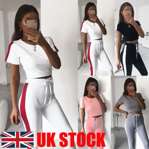 

Hot Fashion 2Pcs Women Tracksuit Short Sleeve Crop Tops Pants Set Lounge Wear Autumn Casual Suit