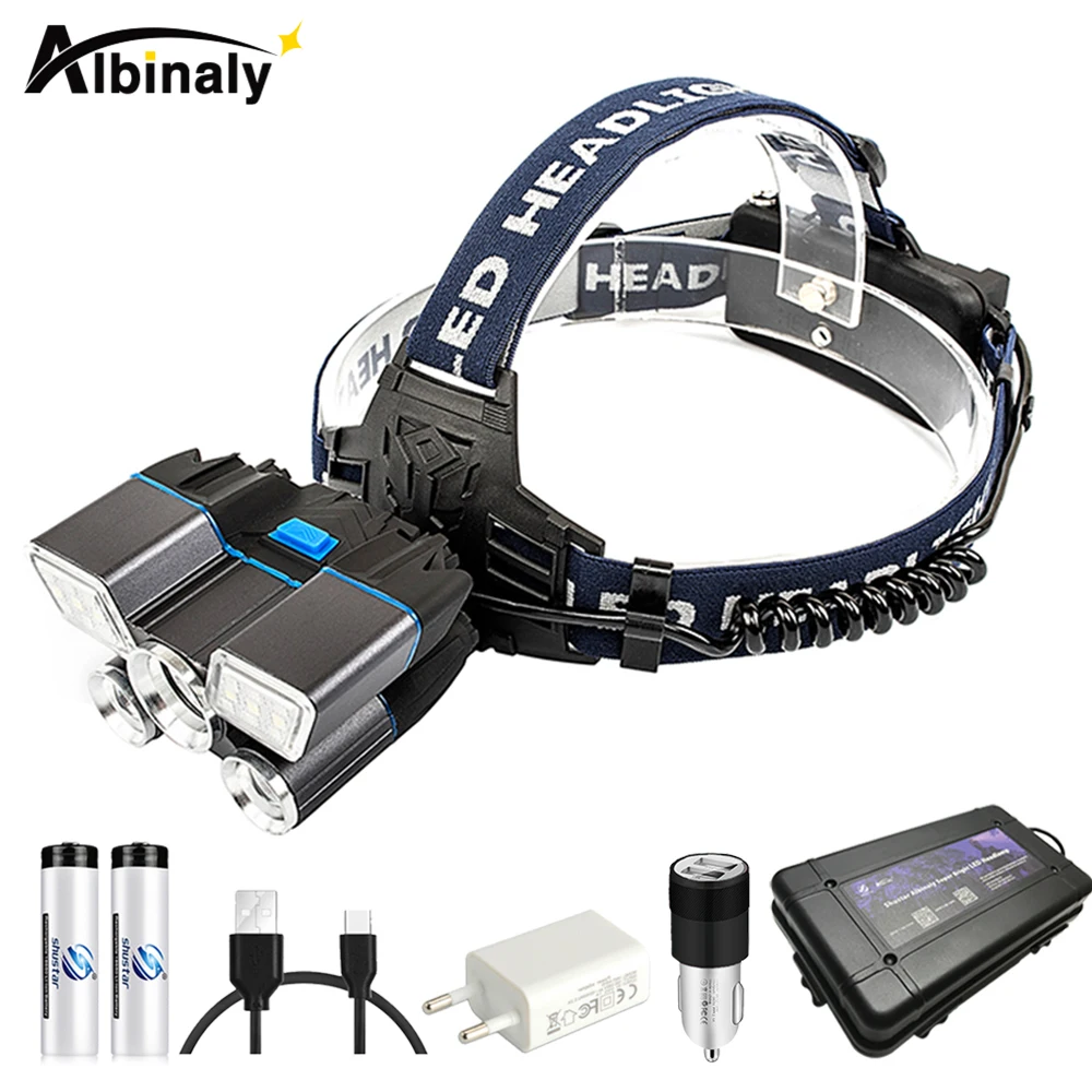 

Super bright 30000 LM LED Headlamp with red and blue warning lights 21 lamp beads Waterproof LED Headlight For fishing hunting