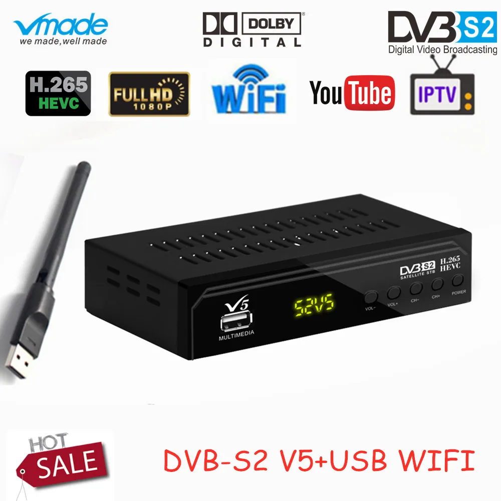 

Vmade Fully HD Digital Satellite DVB S2 V5 TV Receiver Tuner Support AC3 CCCAM YouTube Bisskey H.265 DVB S2 Set Top Box+USB WIFI