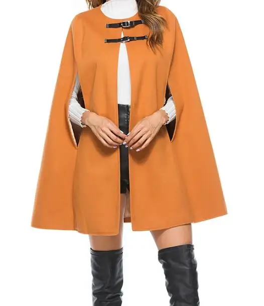 2018 Leather Buckle Cloak Poncho Women Coat New Fashion Round Neck Woolen Overcoat Female Autumn Loose Warm Cape Coat Female