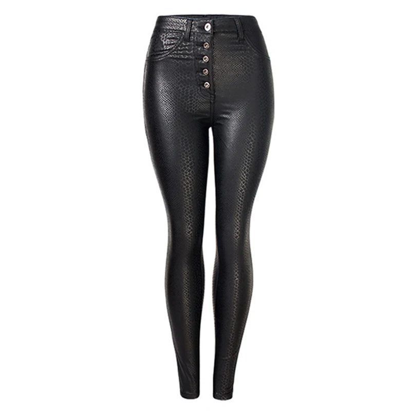 Зимние женские брюки из искусственной кожи под змеиную кожу, большие размеры, женские брюки с высокой талией, черные брюки-карандаш, Pantalon Femme - Цвет: Black