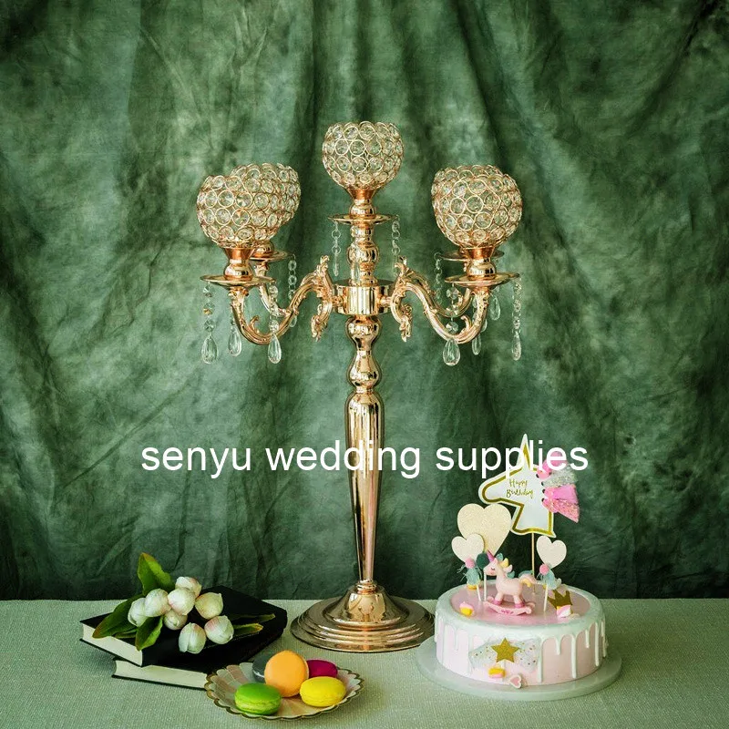 New style H65cm tall Tall Gold Candle Holder 5-arms Candlestick Wedding Candelabra Hotel Home wedding party Decoration senyu0408